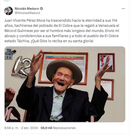 El mensaje de Nicolás Maduro tras la muerte del hombre más longevo del mundo