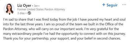 El mensaje de Oyer en su cuenta de Linkedin, tras ser despedida
