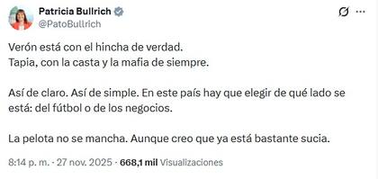 El mensaje de Patricia Bullrich contra "Chiqui" Tapia