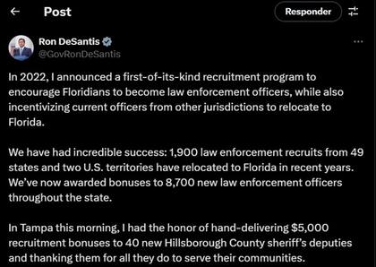 El mensaje de Ron DeSantis donde anunció la incorporación de nuevos oficiales en el estado bajo su plan impulsado en 2022