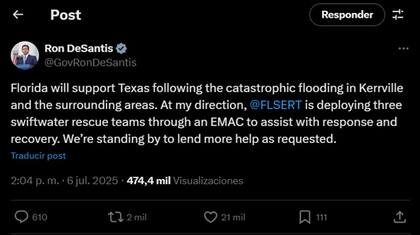 El mensaje de Ron DeSantis en apoyo a Greg Abbott por las inundaciones en Texas