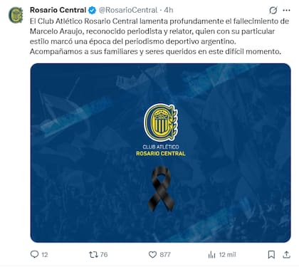El mensaje de Rosario Central por la muerte del relator Marcelo Araujo