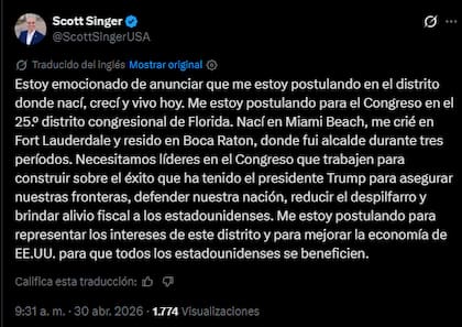 El mensaje de Scott Singer en redes sociales
