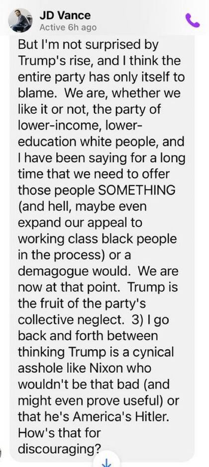 El mensaje de texto filtrado de J.D. Vance sobre Donald Trump. Foto: captura