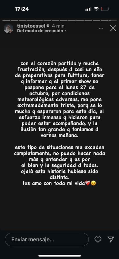 El mensaje de Tini tras anunciar que su show se trasladó al lunes 27 de octubre