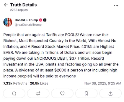 El mensaje de Trump en donde afirma que se pagará un dividendo de al menos 2000 dólares por persona