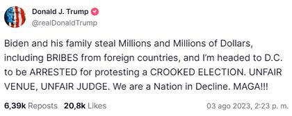 El mensaje de Trump en Truth Social