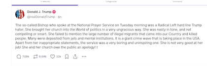 El mensaje de Trump hacia la obispa en su red social Truth