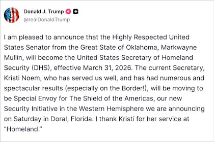 El mensaje de Trump sobre la destitución de Kristi Noem y el nombramiento de Markwayne Mullin al mando del DHS