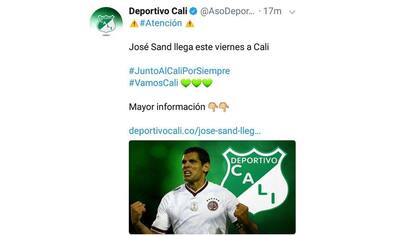 El mensaje de Twitter de la cuenta oficial de Deportivo Cali, que horas más tare borraron