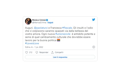 El mensaje de Twitter de la senadora Monica Cirinnà