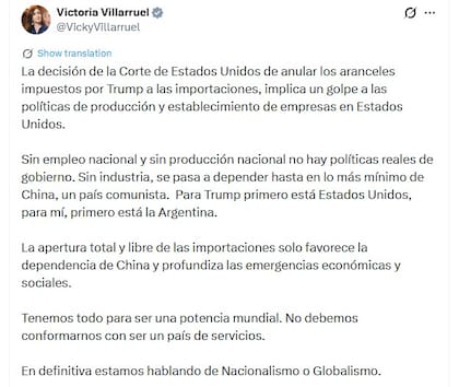 El mensaje de Villaruel en las redes.