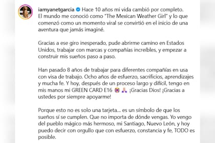 El mensaje de Yanet García tras recibir su green card en EE.UU.