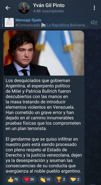 El mensaje de Yván Gil en su cuenta de Télegram