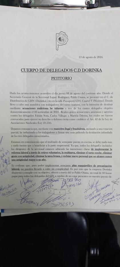El mensaje del cuerpo de delegados de camioneros que denunció a un hombre de Moyano por pedirles sobornos para aceptar un plan de retiros voluntarios en una empresa de De Narváez