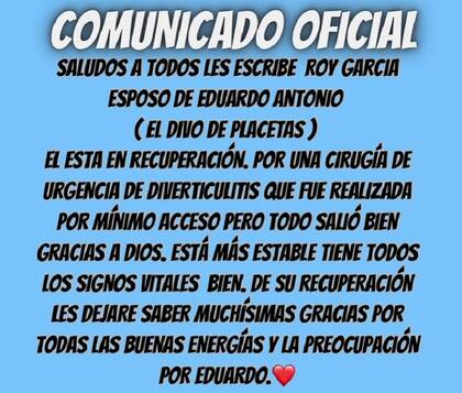 El mensaje del esposo de Eduardo Antonio sobre su estado de salud
