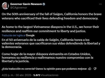 El mensaje del gobernador de California a la comunidad vietnamita en EE.UU. y en la entidad