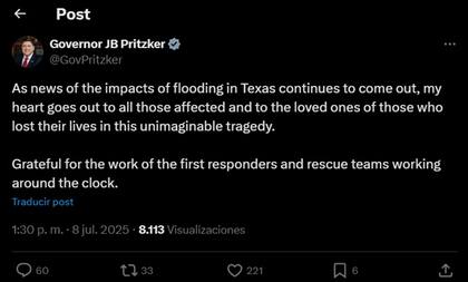 El mensaje del gobernador de Illinois tras las inundaciones en Texas