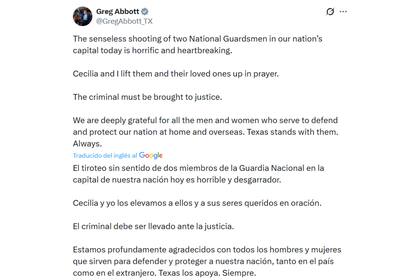 El mensaje del gobernador de Texas, Greg Abbott, tras el tiroteo en Washington D.C.