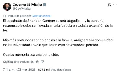 El mensaje del gobernador J.B. Pritzker tras la muerte de Sheridan Gorman (X/@GovPritzker)