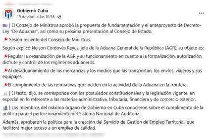 El mensaje del gobierno de Cuba en Facebook