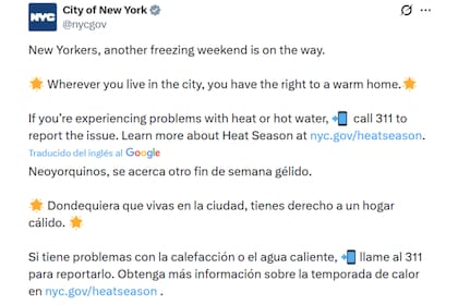 El mensaje del gobierno de la ciudad de Nueva York con la alerta de frío y el recordatorio sobre las reglas de calefacción en los apartamentos