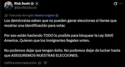 El mensaje del legislador Rick Scott en sus redes sociales