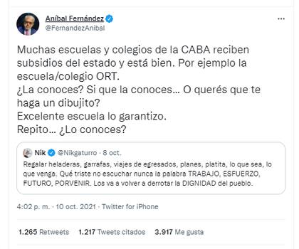 El mensaje del ministro de Seguridad, Aníbal Fernández, al caricaturista por su tuit