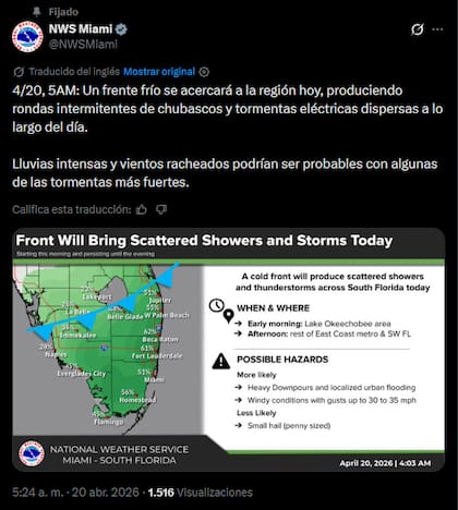El mensaje del NWS con sede en Miami a través de su cuenta oficial de X