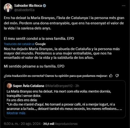 El mensaje del presidente de la Generalitat, Salvador Illa, tras la noticia de la muerte de la mujer