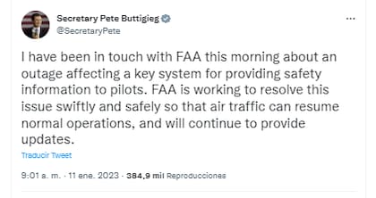 El mensaje del secretario de Transporte, Pete Buttigieg en Twitter sobre la falla en el sistema de la FAA