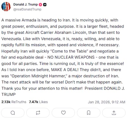 El mensaje en Truth Social muestra la advertencia de que "el tiempo para negociar un acuerdo justo se acaba" (Truth Social, Donald Trump)