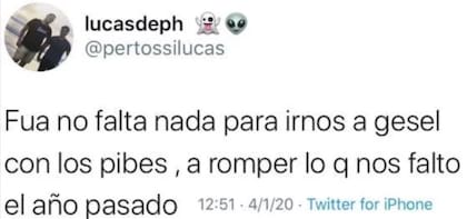El mensaje en Twitter de Lucas Pertossi, uno de los detenidos por el asesinato, quien cerró sus cuentas tras la polémica y trascendencia del caso