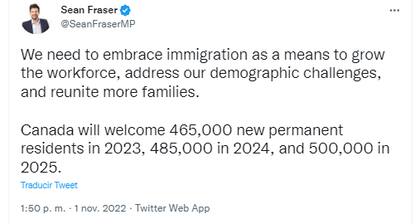 El mensaje en Twitter del ministro de inmigración canadiense, Sean Fraser