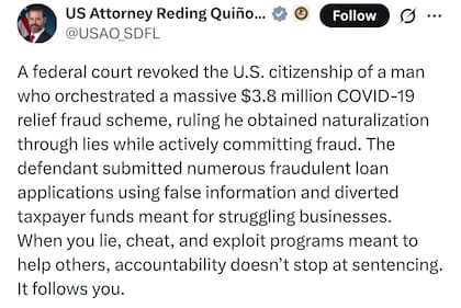 El mensaje en X del Fiscal Jason Reding Quiñones de Florida sobre el hombre que defraudó al estado por 3,8 millones de dólares