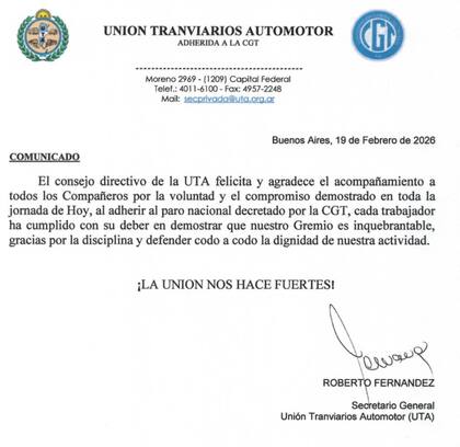 El mensaje firmado por Roberto Fernández