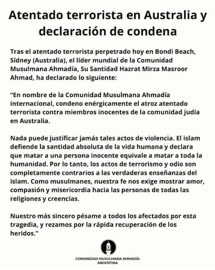 El mensaje fue compartido por Imam Marwan Gill, teólogo islámico y presidente de la comunidad musulmana Ahmadía en Argentina