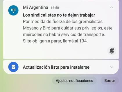 El mensaje político contra el paro que el Gobierno envió a través de la aplicación oficial MiArgentina