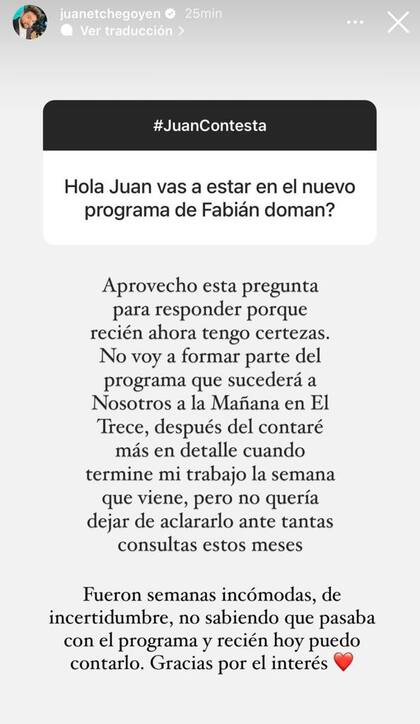 El mensaje que compartió Juan Etchegoyen sobre su salida de Nosotros a la mañana