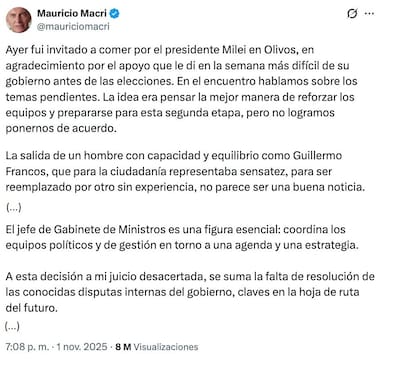 El mensaje que compartió Mauricio Macri tras su reunión con Milei