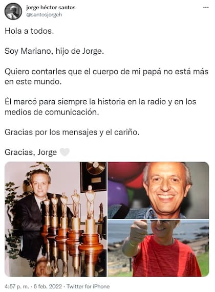 El mensaje que dejó el hijo de Jorge Santos en la cuenta de Twitter de su padre (Captura)