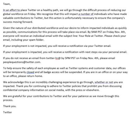 El mensaje que envió Twitter a sus empleados informándoles de su posible despido