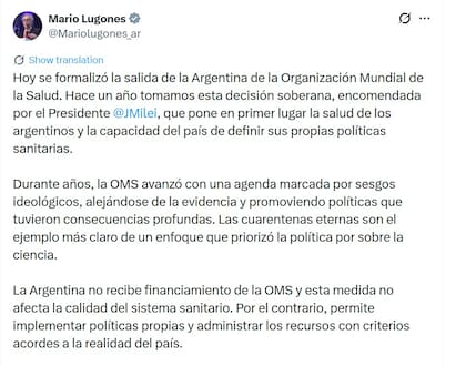 El mensaje que escribió Lugones en su cuenta de X