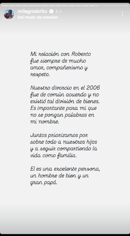 El mensaje que Milagros Brito compartió en su cuenta de Instagram
