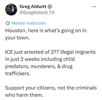 El mensaje que publicó Abbott sobre la normativa de Houston con respecto al ICE
