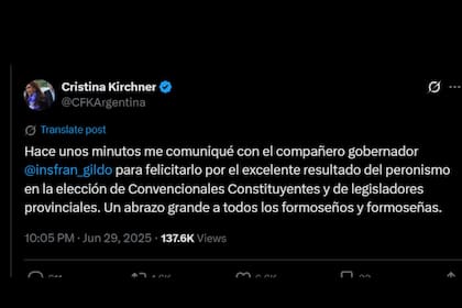 El mensaje que publicó Cristina Kirchner por las elecciones 2025 en Formosa