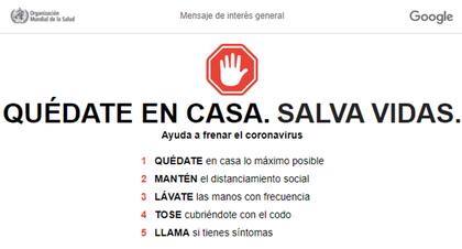 El mensaje que publicó Google en su plataforma junto con la OMS