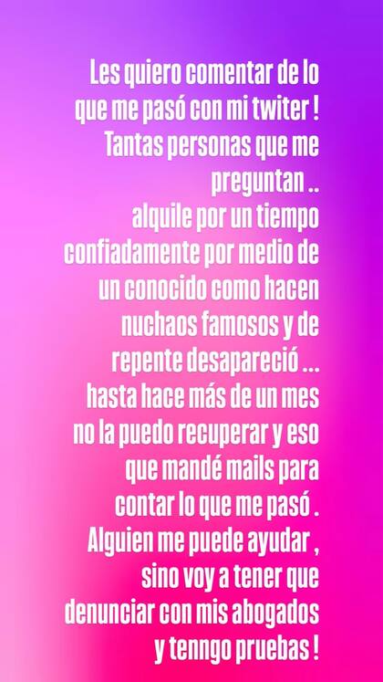 El mensaje que publicó Karina Jelinek tras perder su cuenta de X (Foto: Instagram @karijelinek)