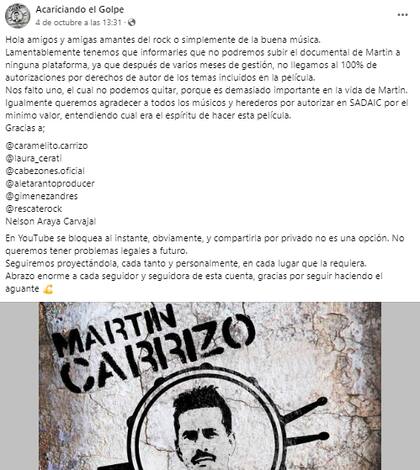 El mensaje que publicó la cuenta del documental dedicado a Martín Carrizo (Foto: Facebook Acariciando.el.Golpe)