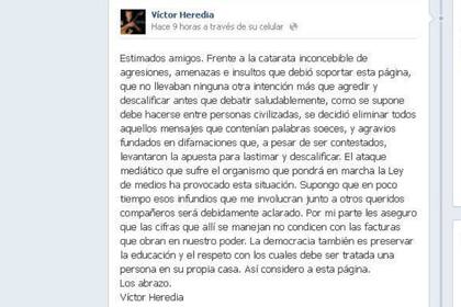 El mensaje que publicó Víctor Heredia en su muro de Facebook